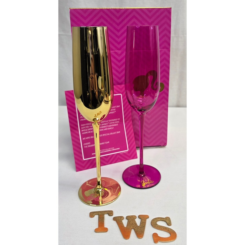 Barbie x Dragon Glassware Champagne Flutes Set of 2 Gold and Pink LimitedEdition - Picture 10 of 16